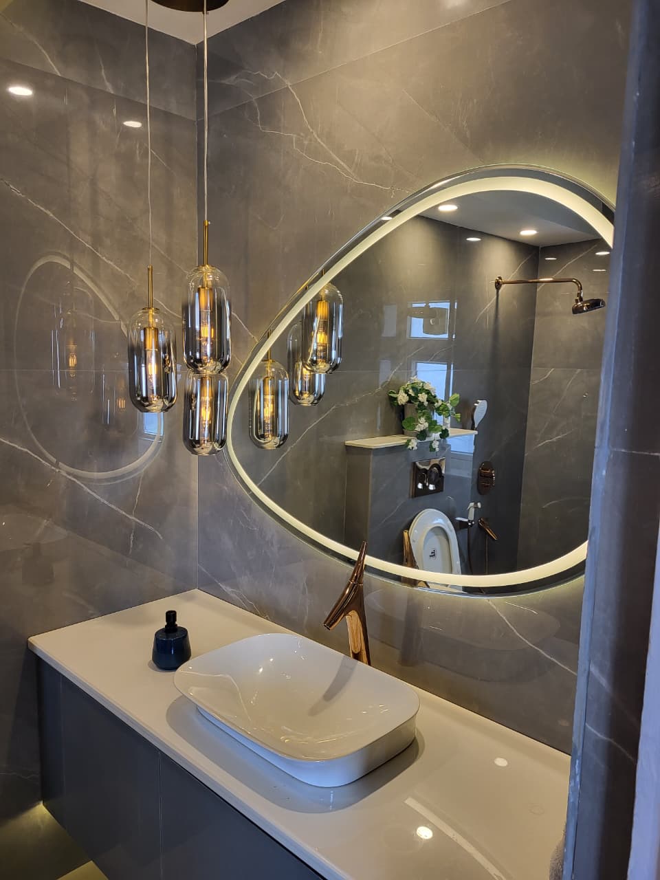Mirror and pendant lights